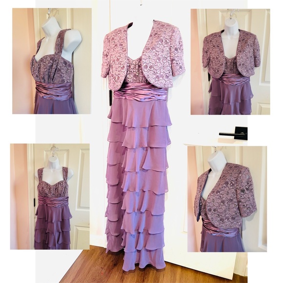 R&M Richards Purple Tiered Column Ruffle Dress with Bolero Jacket size 10 - Picture 1 of 13